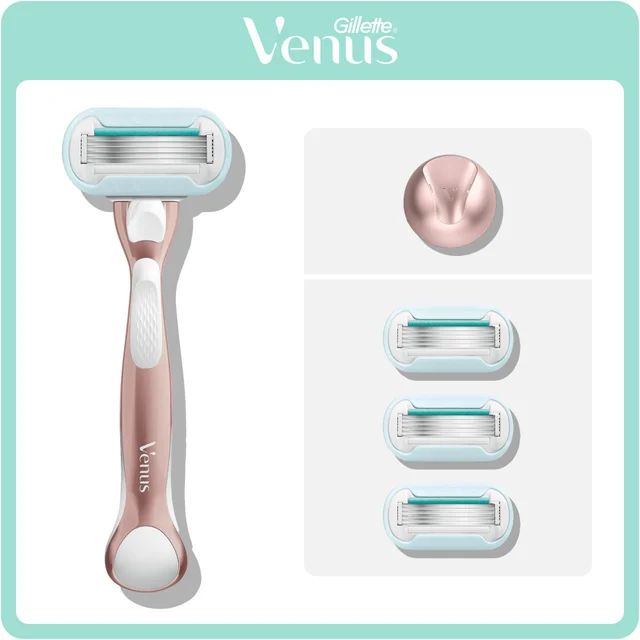 Gillette Venus Pro Smooth Sensitive razor packaging, showing the razor, three blade refills, and a travel case.