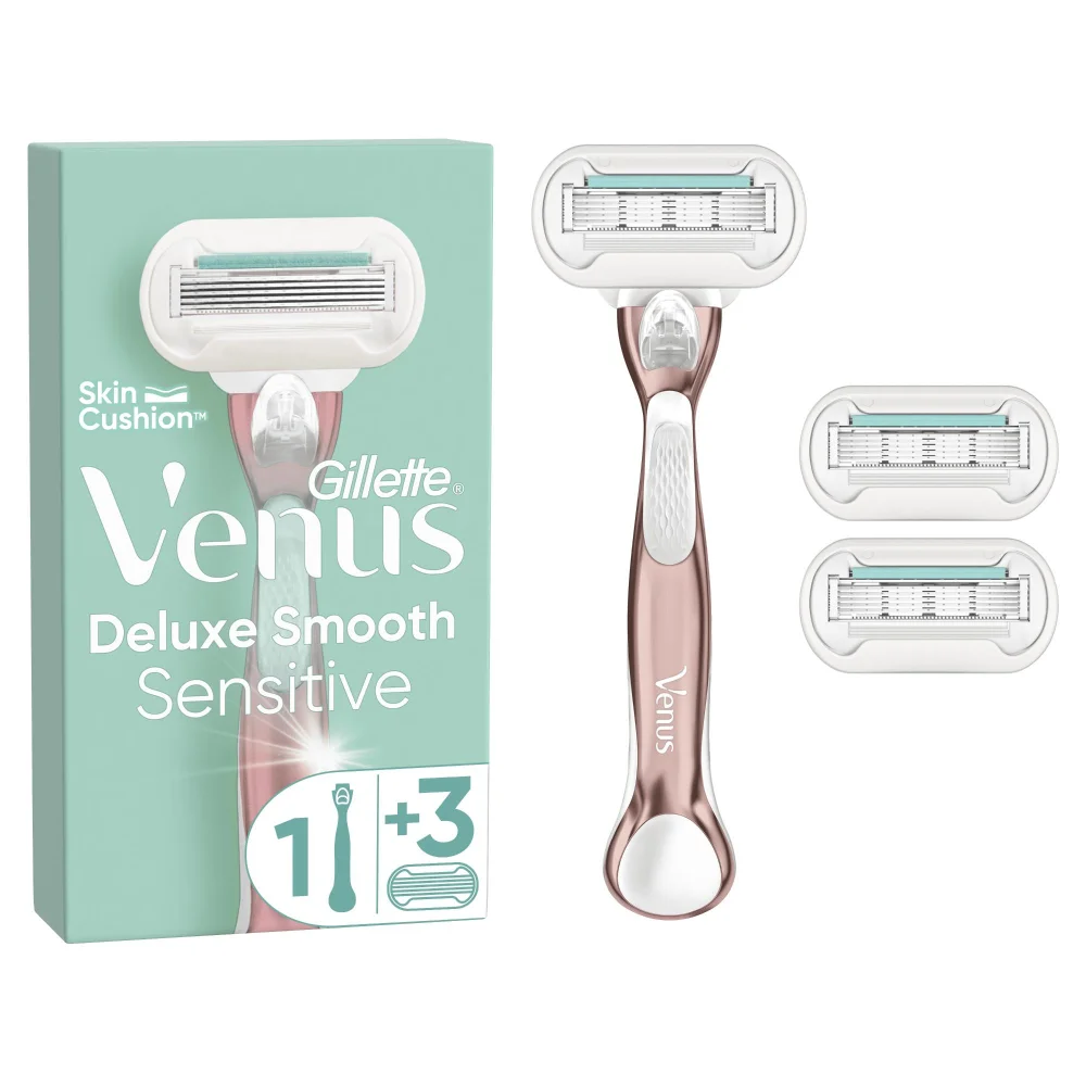 Venus Pro Smooth Sensitive razor packaging, showing the razor, three blade refills, and a travel case.