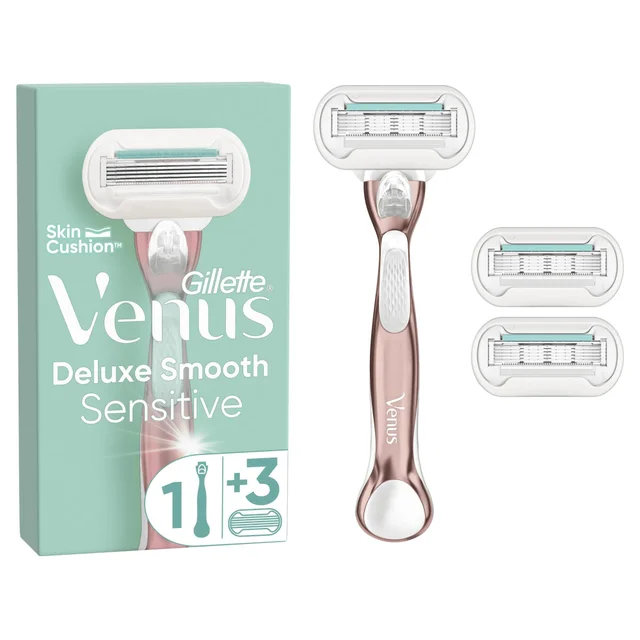 Venus Pro Smooth Sensitive razor packaging, showing the razor, three blade refills, and a travel case.