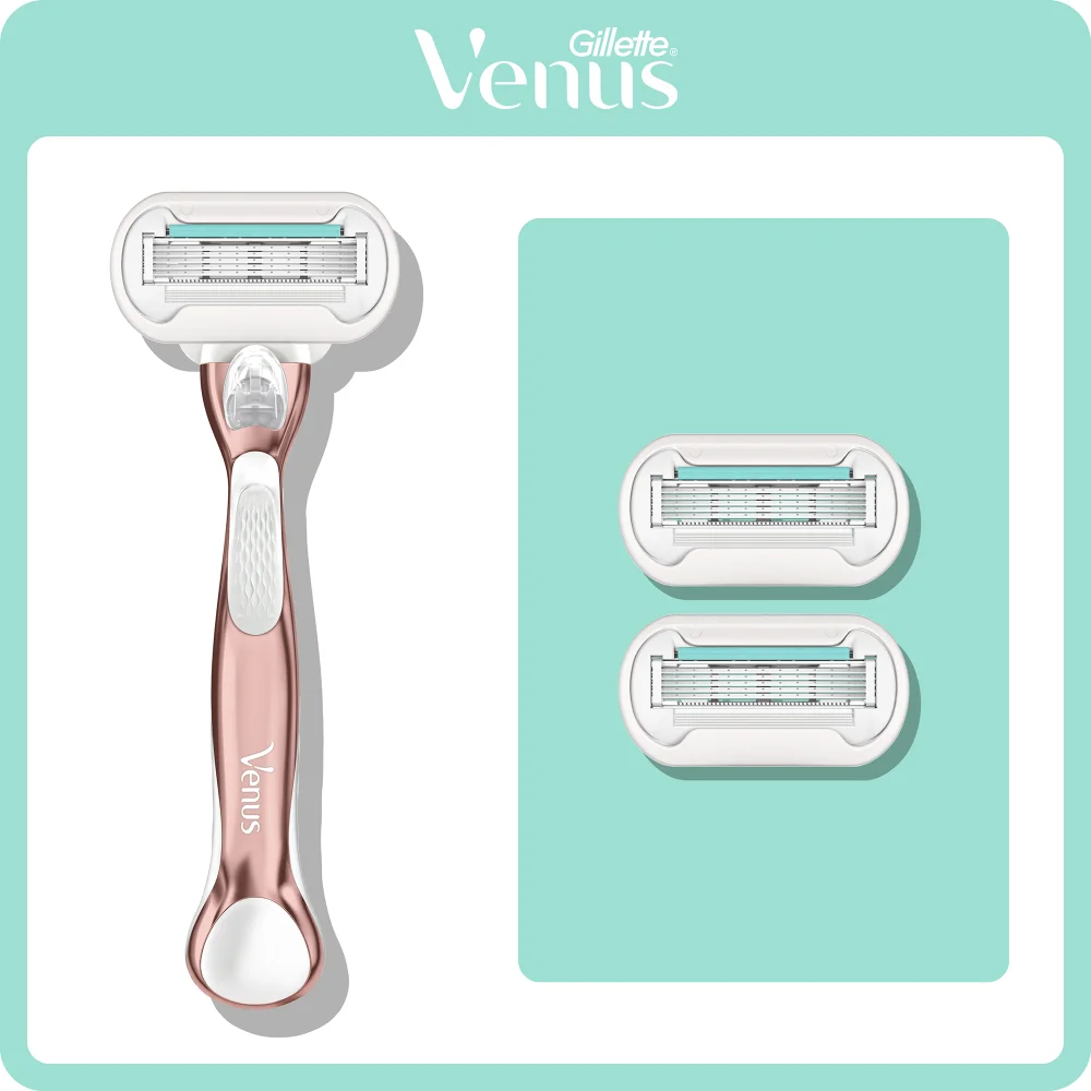 Gillette Venus rose gold razor with two additional blade refills.