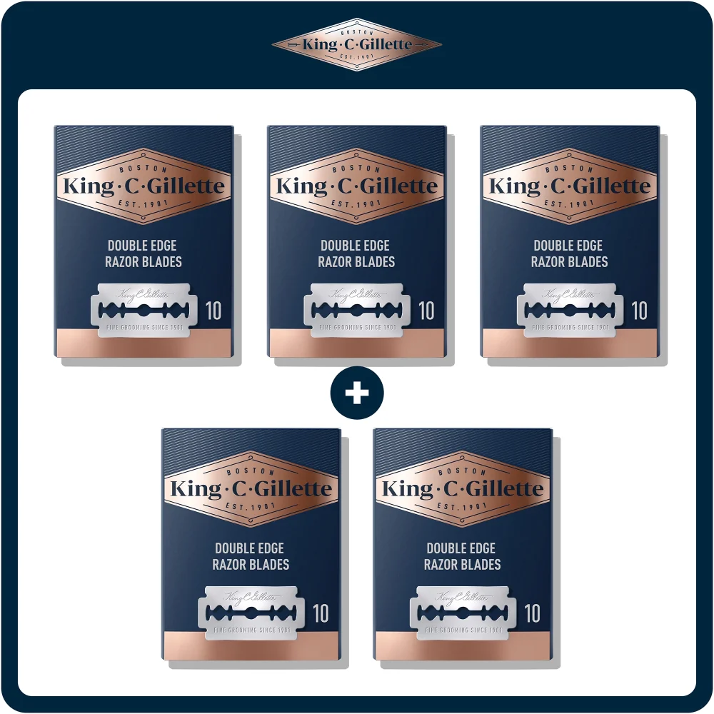 King C. Gillette Double Edge Razor Blades, 5 packs, 10 blades per pack.