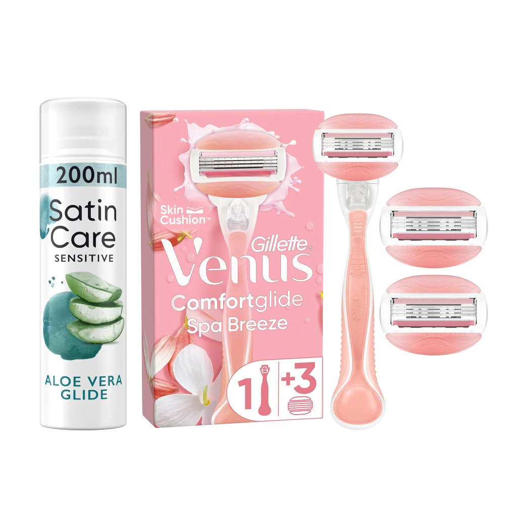 Gillette Venus Comfortglide Spa Breeze razor and 3 refills with Satin Care Sensitive shaving gel.