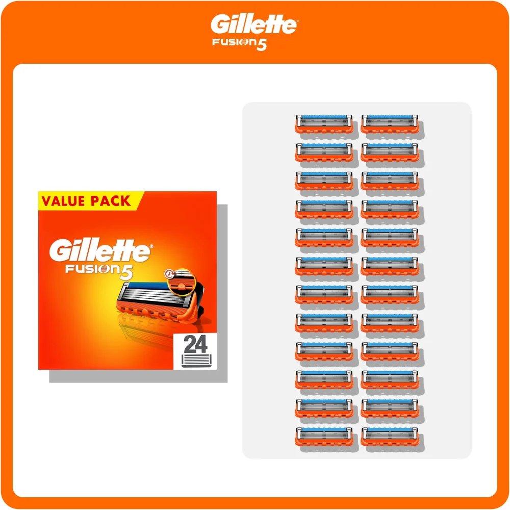 Gillette Fusion5 razor blade refills, jumbo pack of 24, highlighting the precision trimmer feature.