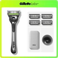 GilletteLabs razor kit with handle, 4 blade refills, travel case, and magnetic stand.