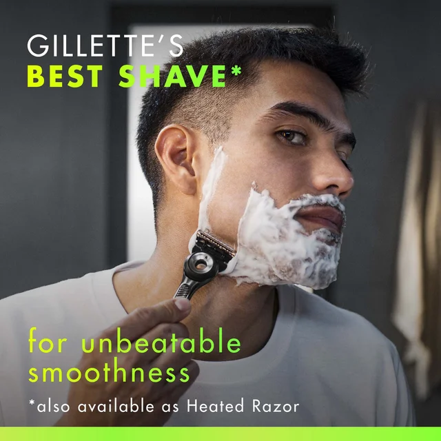 Gillette razor in use, promoting 'Best Shave' for 'unbeatable smoothness'.