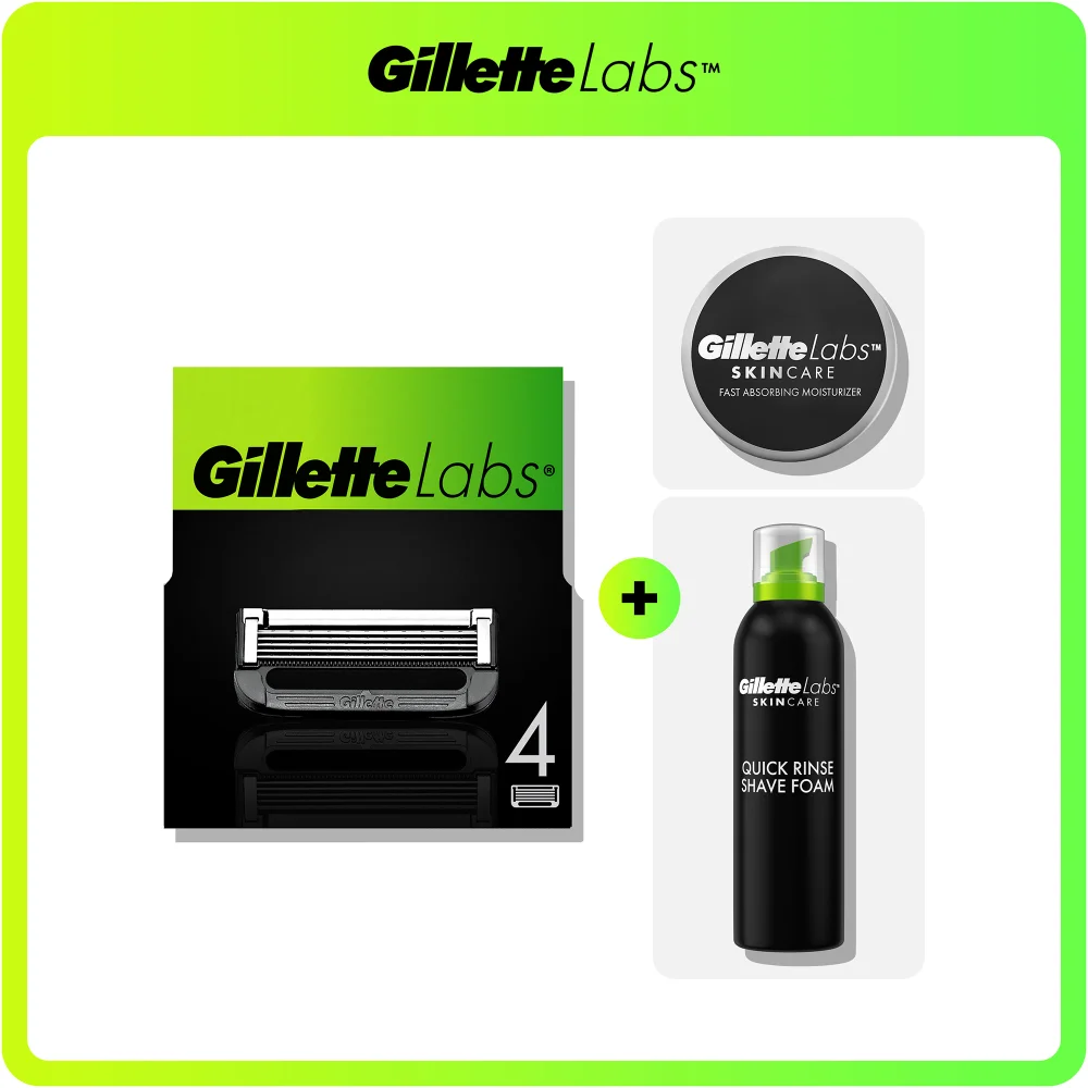 Gillette Labs 4 blade refills, Quick Rinse Shave Foam, & Fast Absorbing Moisturiser bundle.