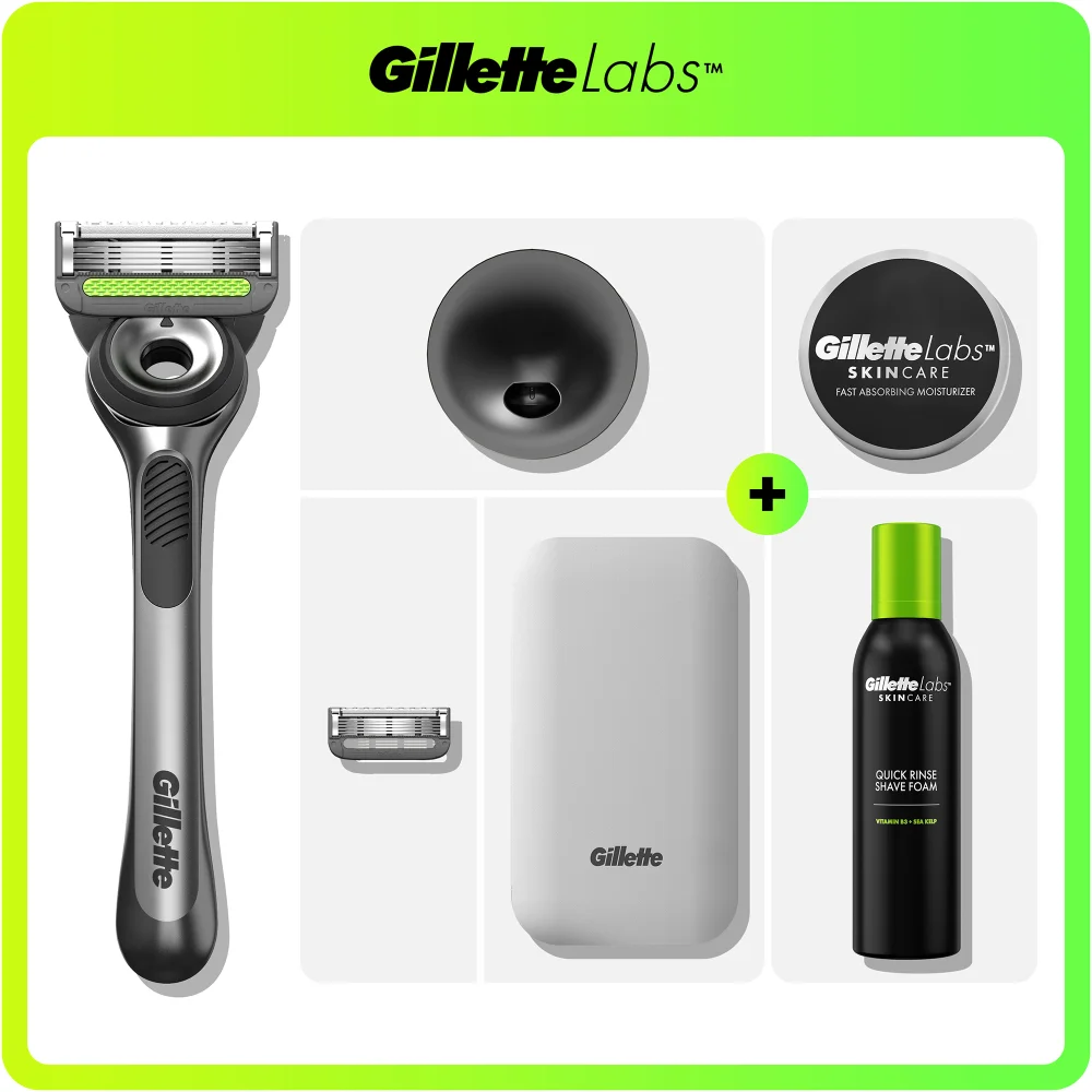 GilletteLabs razor grooming kit with magnetic stand, travel case, shave foam, and moisturizer.