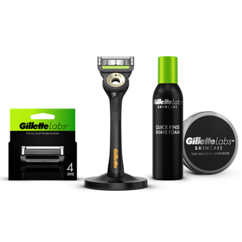 Gillette Labs Black & Gold Razor, Shaving Foam, Moisturiser and 4 Blade Refills