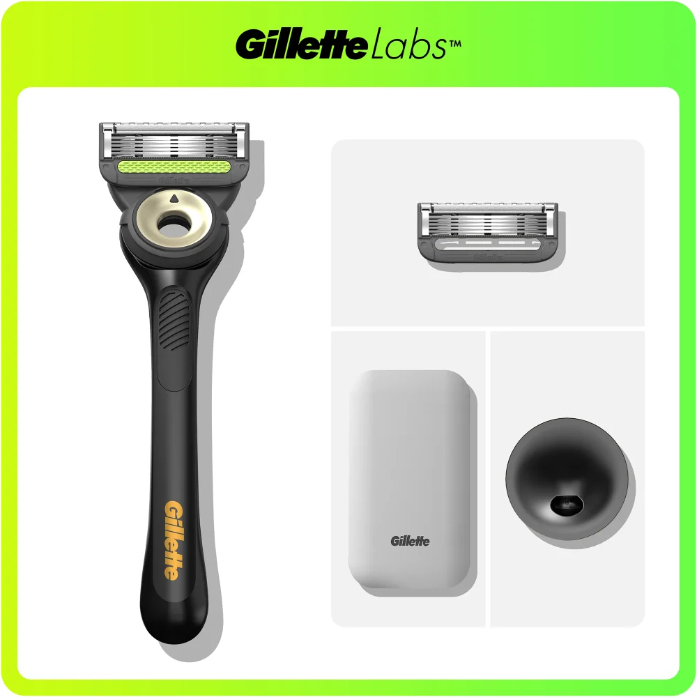 GilletteLabs razor, shown with an extra blade, travel case, and charging stand.