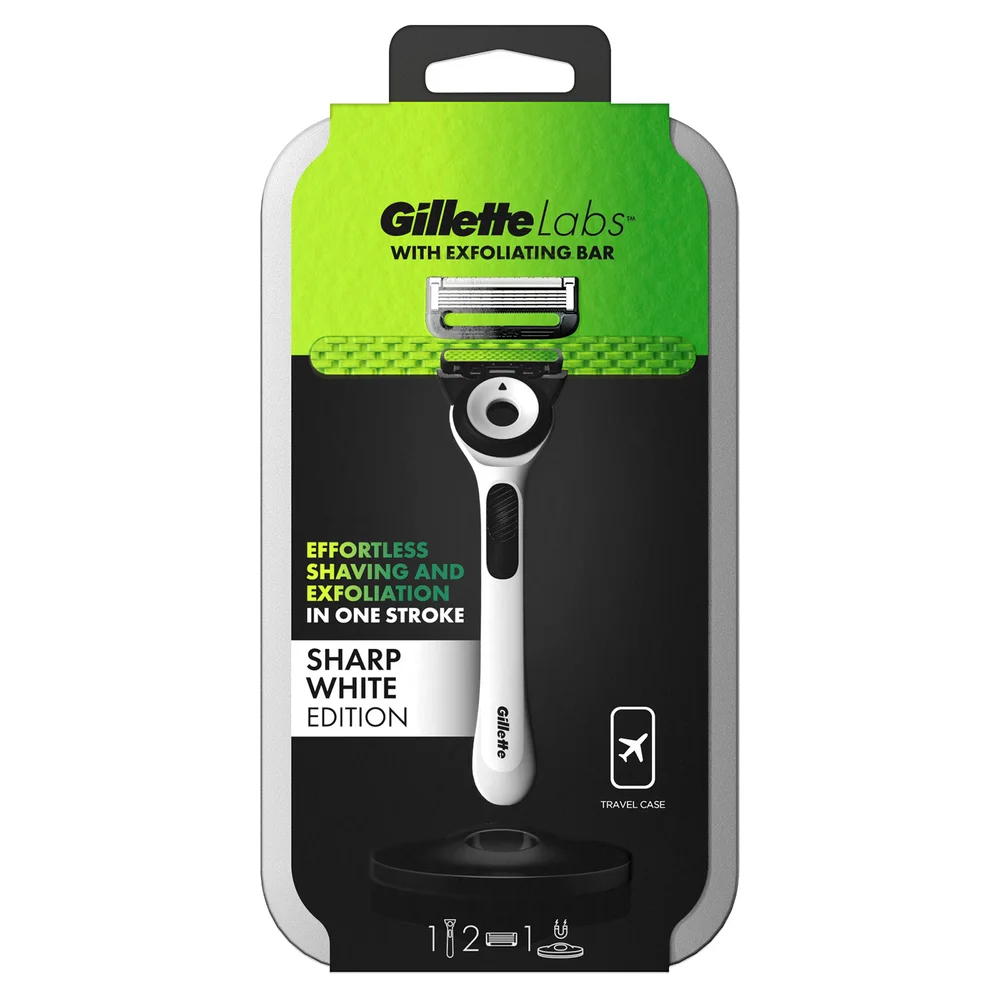 Gillette Labs Sharp White Edition razor with exfoliating bar for effortless shaving & exfoliation.