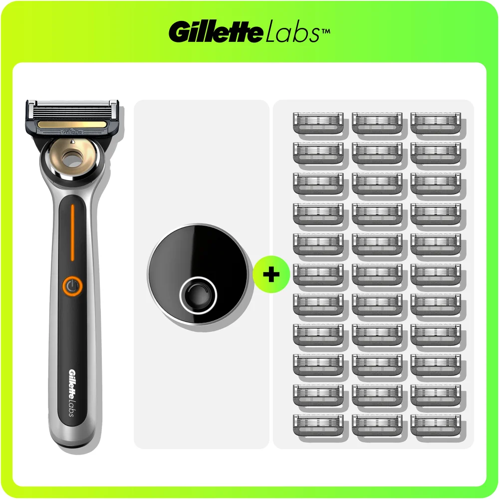 GilletteLabs Heated Razor, magnetic charging dock, and numerous blade refills.