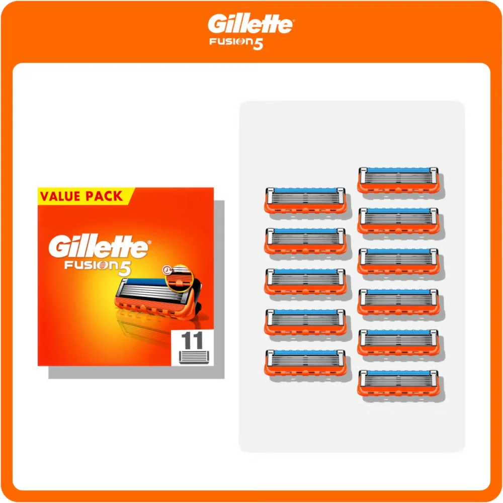 Gillette Fusion5 razor blade refills, 11 count package, highlighting the five-blade technology for a close shave.