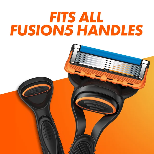 Gillette Fusion5 razor head, highlighting 'FITS ALL FUSION5 HANDLES'.