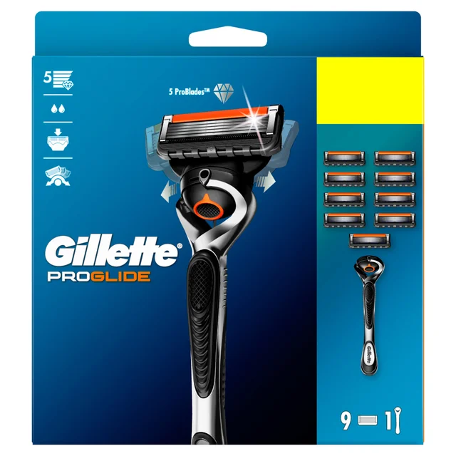 Gillette ProGlide razor packaging with 5 ProBlades and 10 refill cartridges.