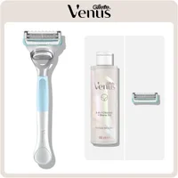 Gillette Venus razor, 2-in-1 cleanser + shave gel, and replacement blade for pubic hair & skin.