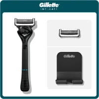 Gillette Intimate razor with an extra blade cartridge and a black stand.