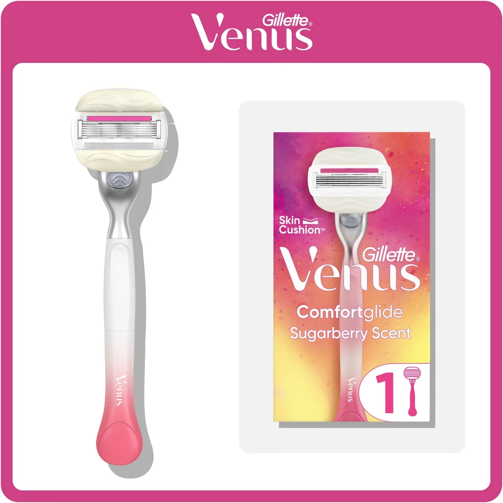 Gillette Venus Comfortglide Razor and packaging, highlighting Sugarberry Scent.