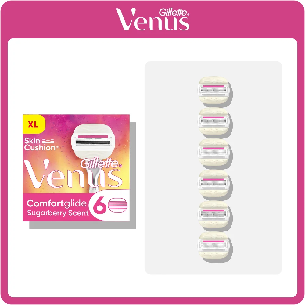 Gillette Venus Comfortglide Sugarberry Scent razor blades, 6 refills with Skin Cushion™.