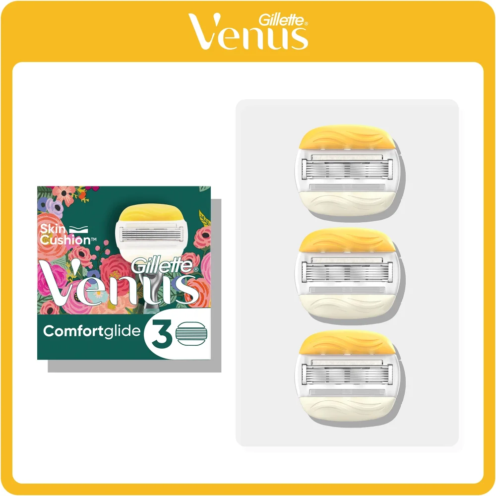 Gillette Venus Comfortglide 3 razor blade refills, Skin Cushion™ packaging, and three individual refills.