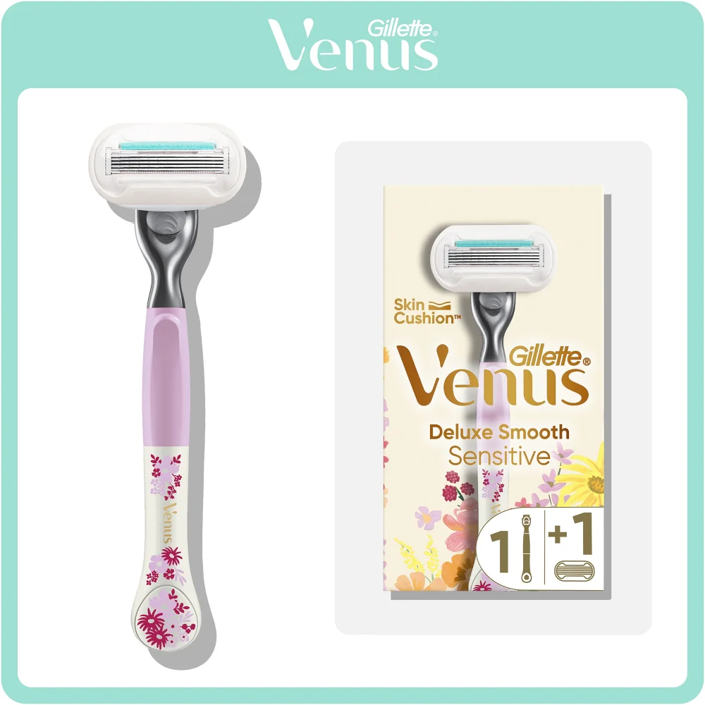Gillette Venus Deluxe Smooth Sensitive razor and packaging, highlighting Skin Cushion™ and 1+1 pack.