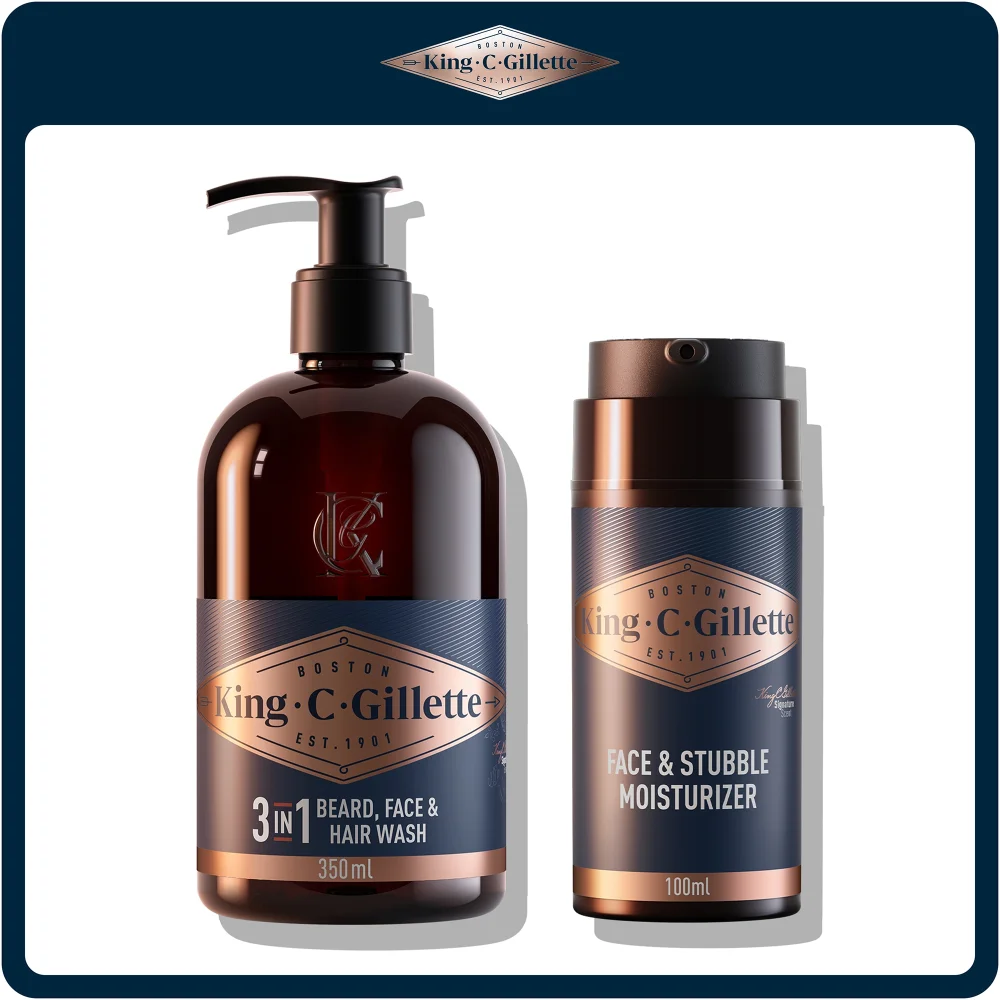 King C. Gillette 3-in-1 Beard, Face & Hair Wash and Face & Stubble Moisturiser duo.