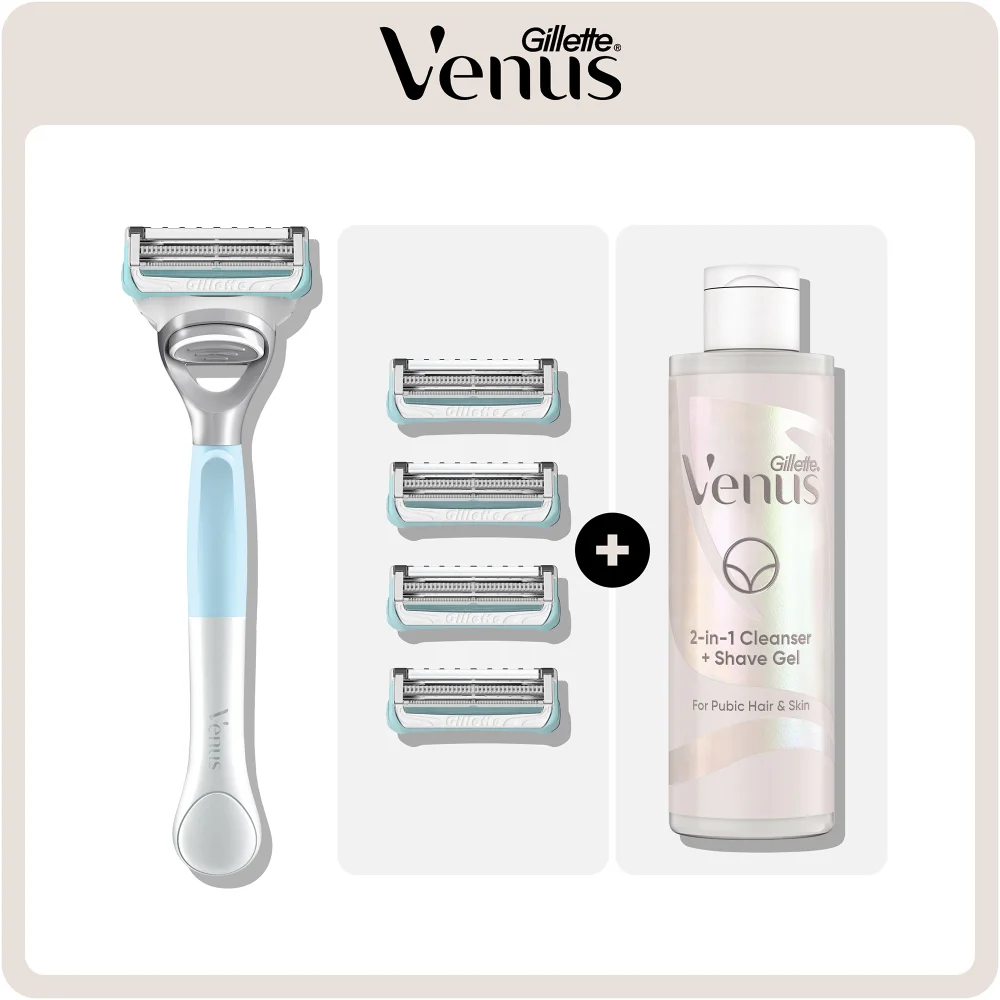 Gillette Venus razor, 4 refills, and 2-in-1 Cleanser + Shave Gel for pubic hair & skin.