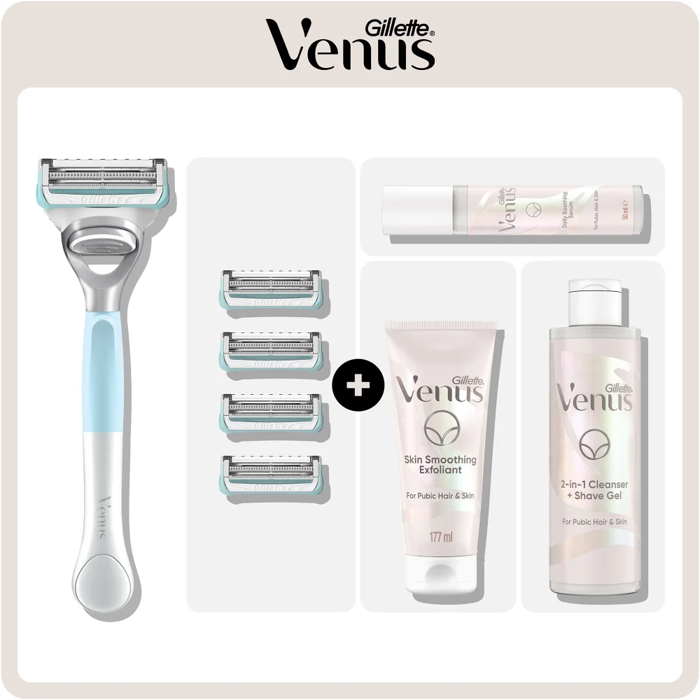 Gillette Venus pubic hair & skin care kit with razor, 4 refills, exfoliant, cleanser & serum.