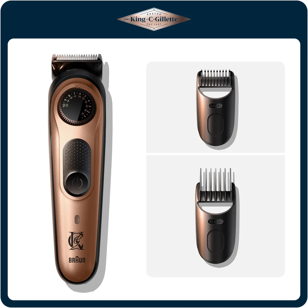 King C. Gillette beard trimmer by Braun, shown with two precision comb attachments.