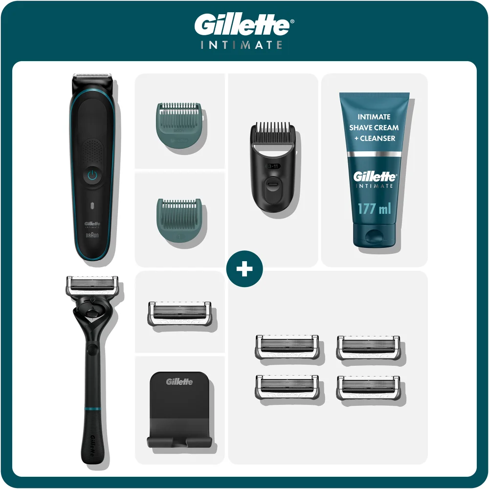 Gillette Intimate grooming kit with trimmer, razor, and Shave Cream + Cleanser.