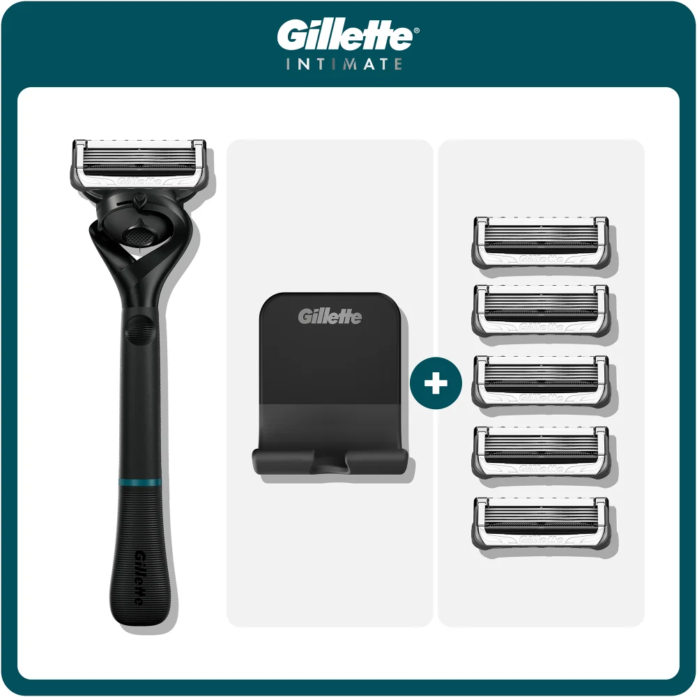 Gillette Intimate razor with stand and 4 refill blades.
