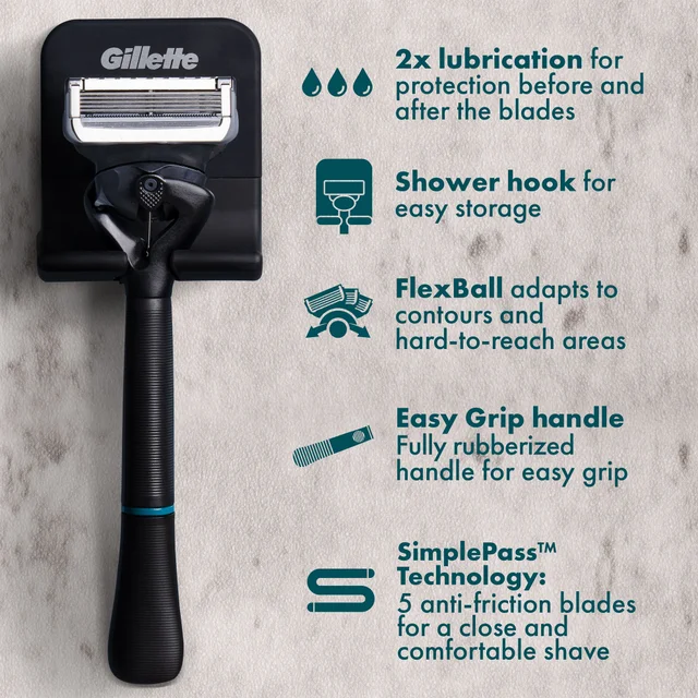 Gillette razor on stand, showcasing its FlexBall and SimplePass Technology.