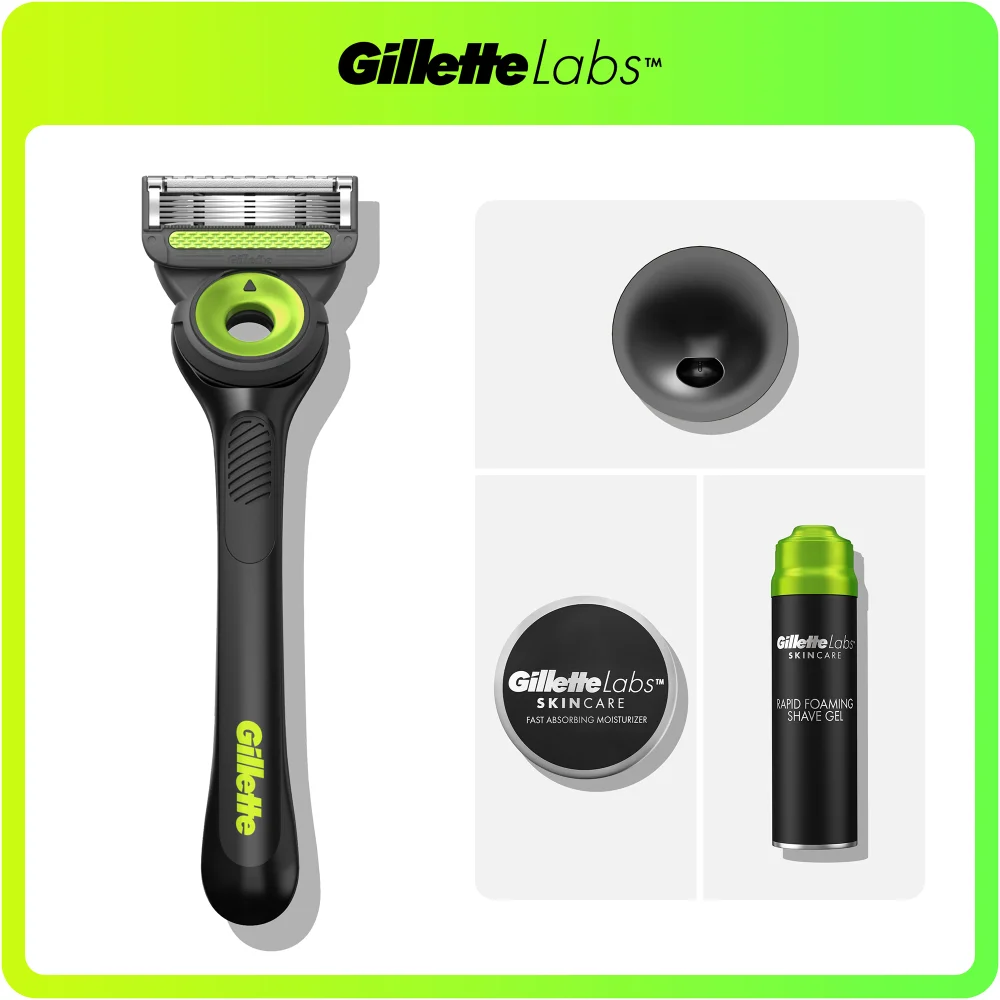 GilletteLabs razor, charging stand, fast absorbing moisturiser, and rapid foaming shave gel.
