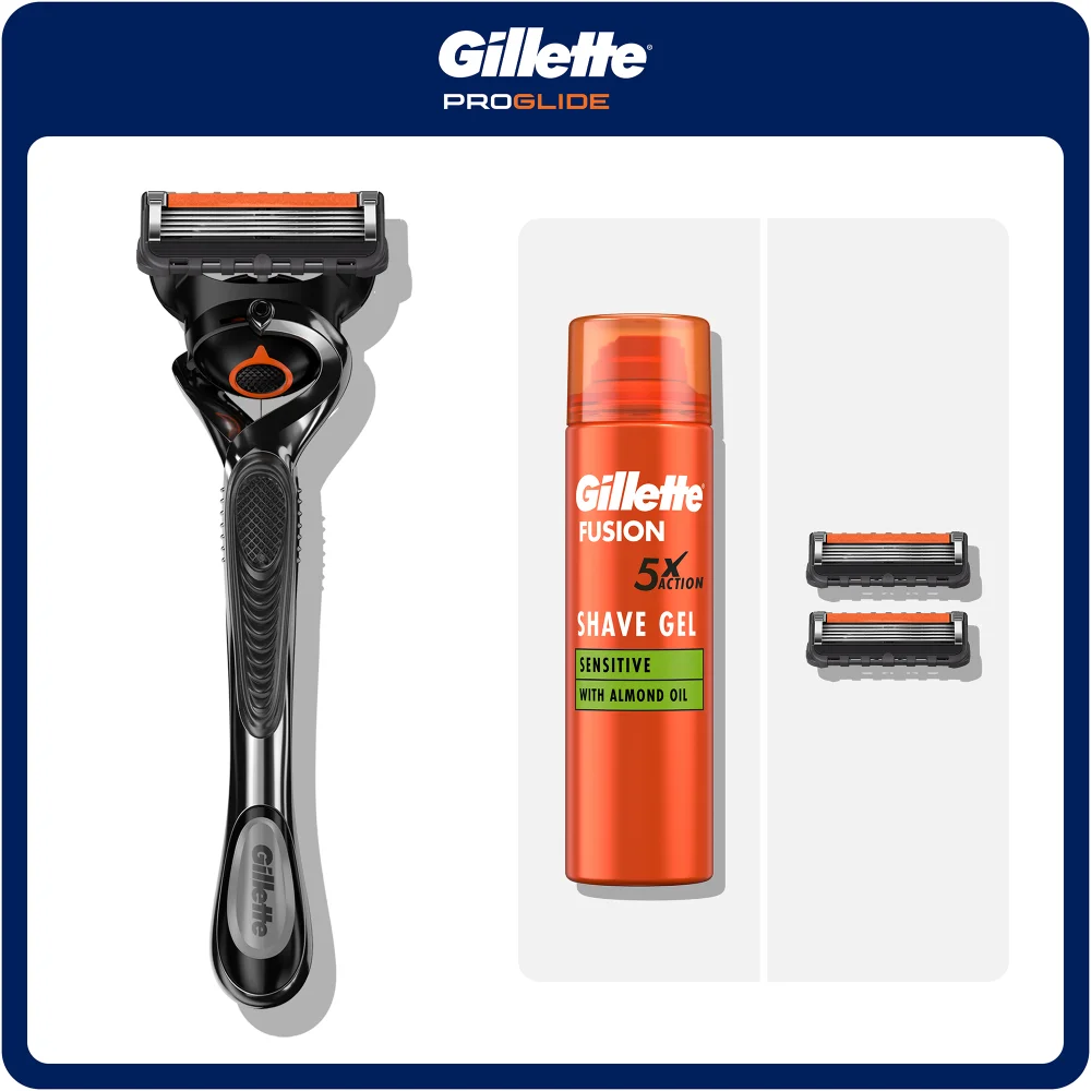Gillette ProGlide razor with Fusion 5x Action Shave Gel and two replacement blades.