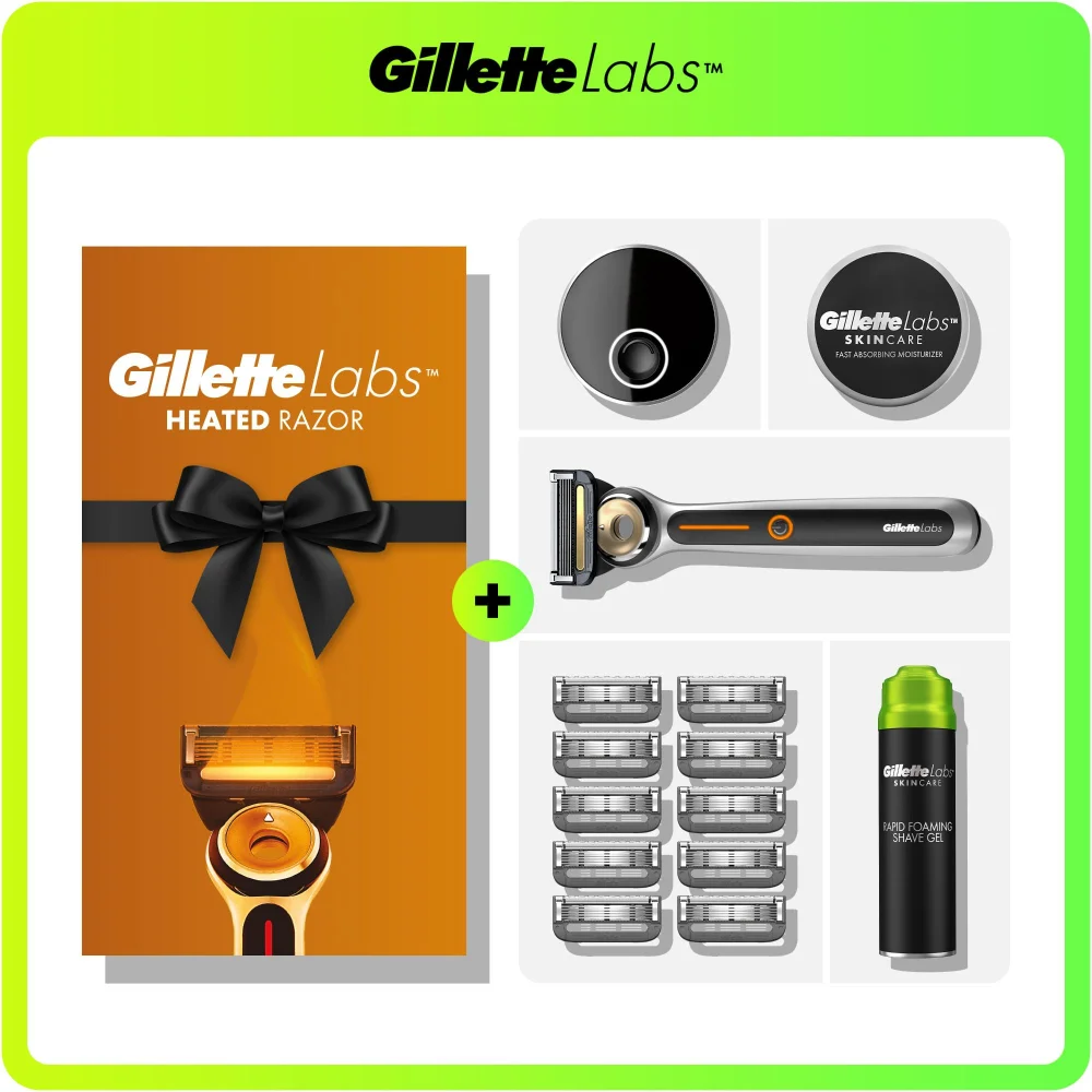 Gillette Labs Heated Razor gift set with charging dock, moisturiser, 10 blades, and shave gel.
