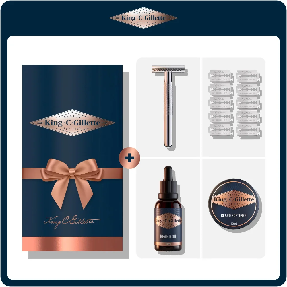 King C. Gillette grooming set, presented in a gift box with razor, blades, beard oil and softener.