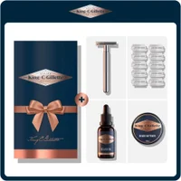 King C. Gillette grooming set, presented in a gift box with razor, blades, beard oil and softener.