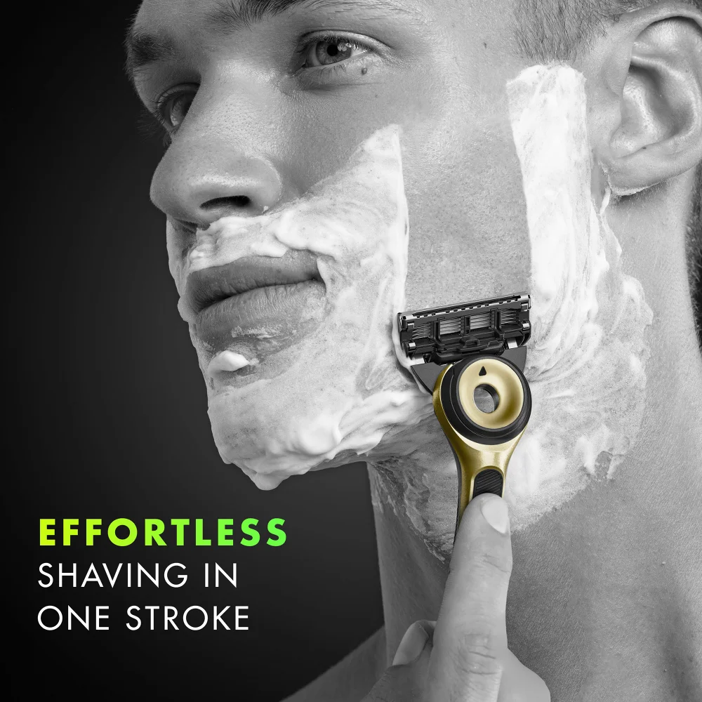Gillette razor demonstrates "Effortless Shaving in One Stroke" on a man's face.
