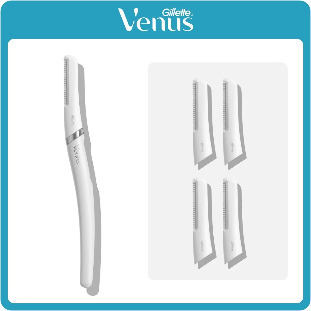 Gillette Venus facial hair trimmer shown with four replacement heads.