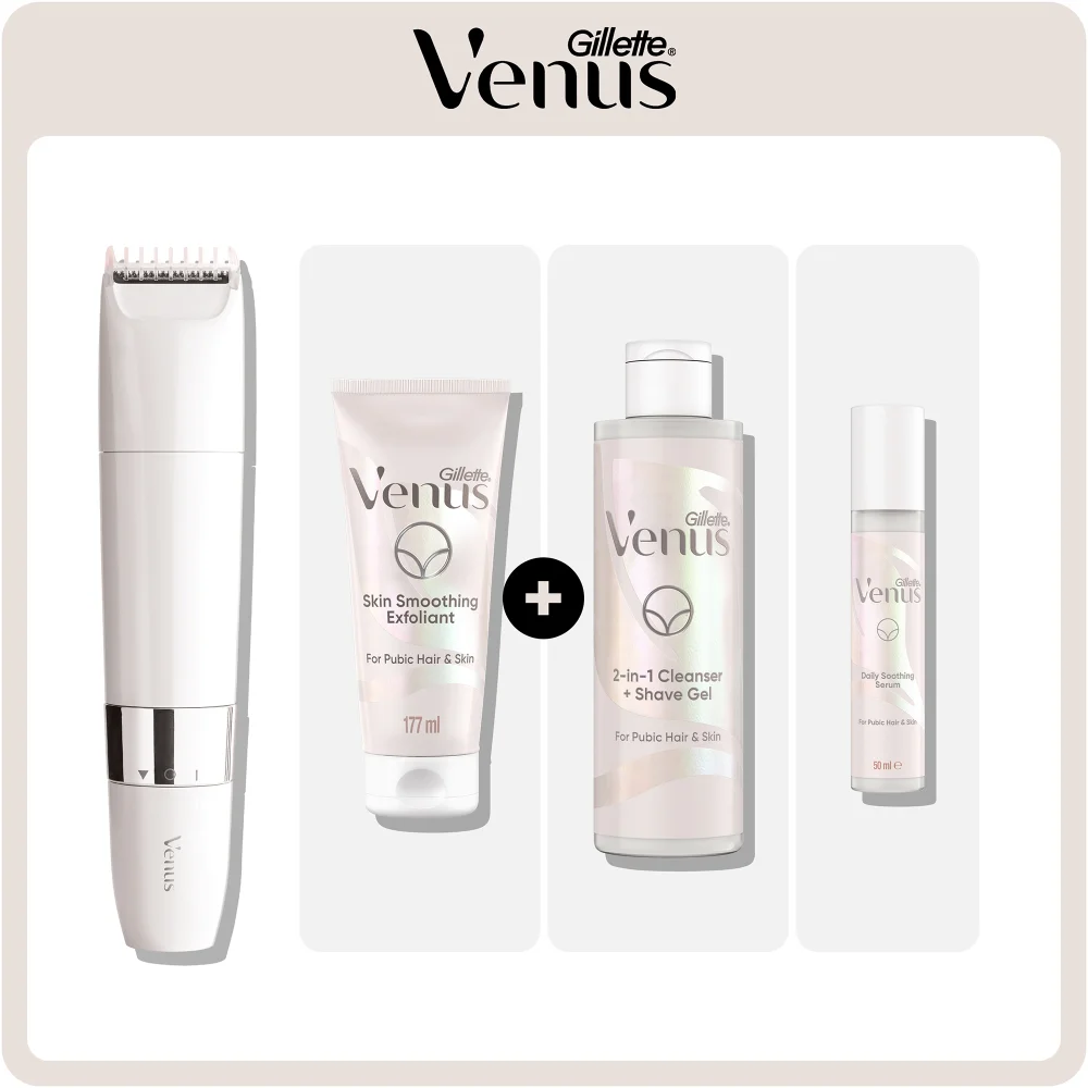 Gillette Venus pubic hair & skin trimmer, exfoliant, 2-in-1 cleanser + shave gel, and serum kit.