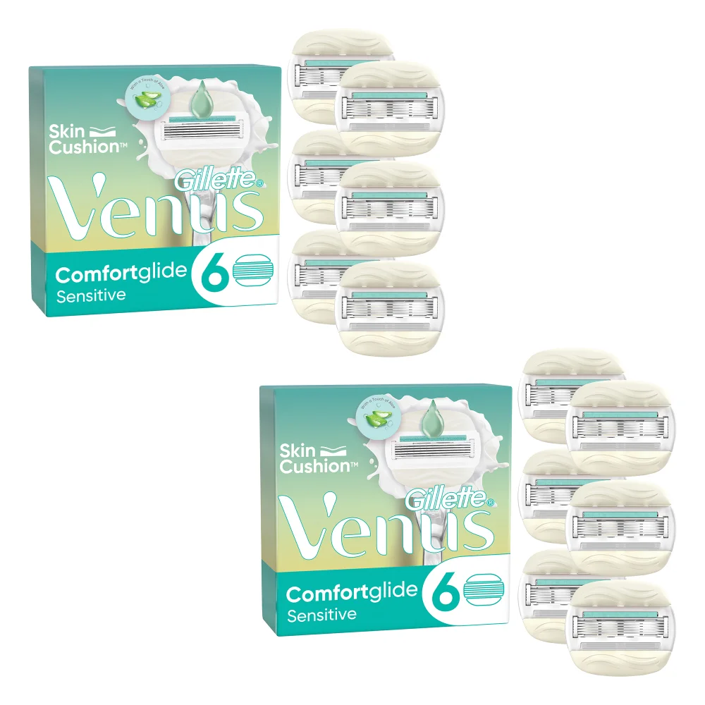 Gillette Venus Comfortglide Sensitive 6-pack razor blade refills, highlighting Skin Cushion™ & Aloe.