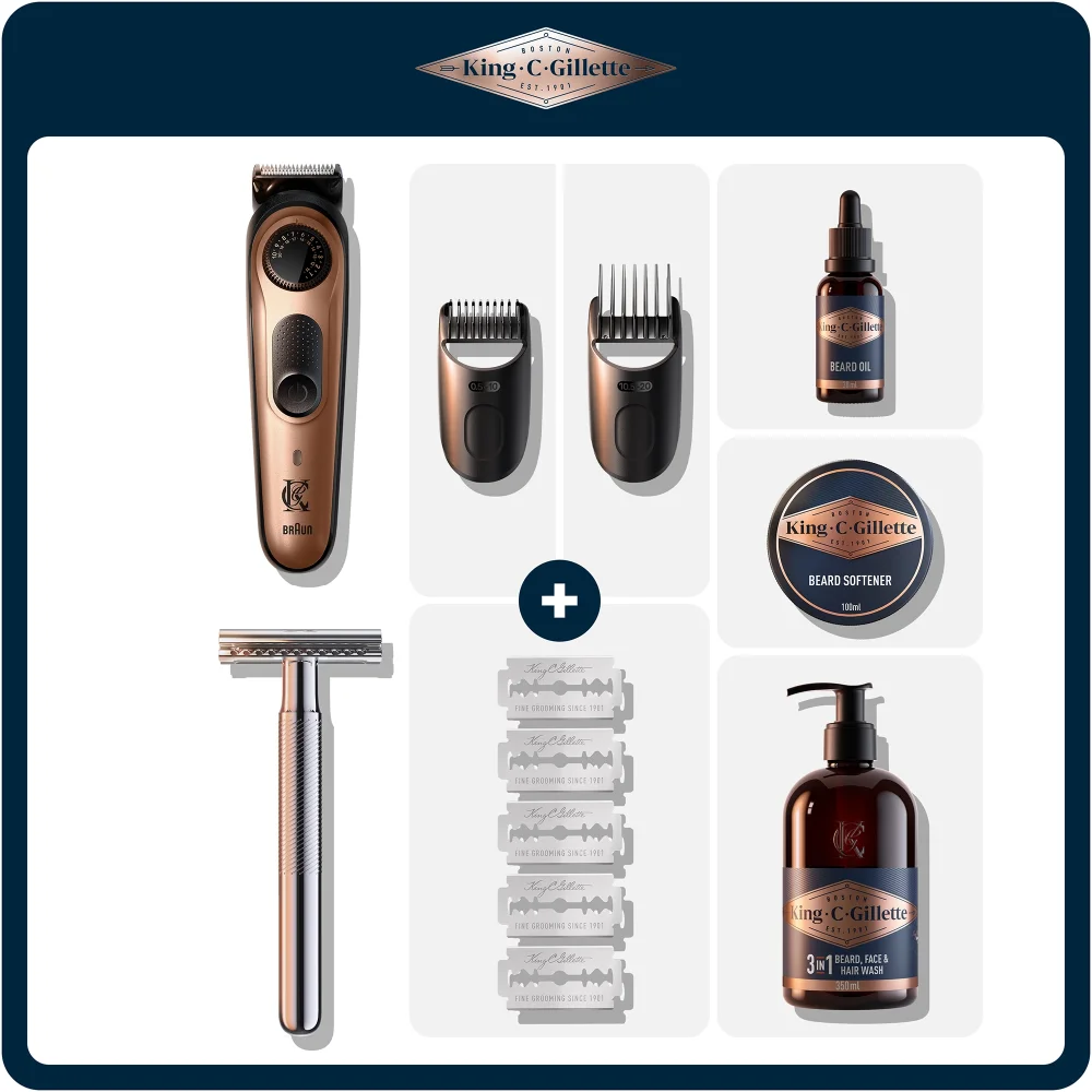 King C. Gillette complete beard care kit with trimmer, razor, blades, oil, softener, and wash.