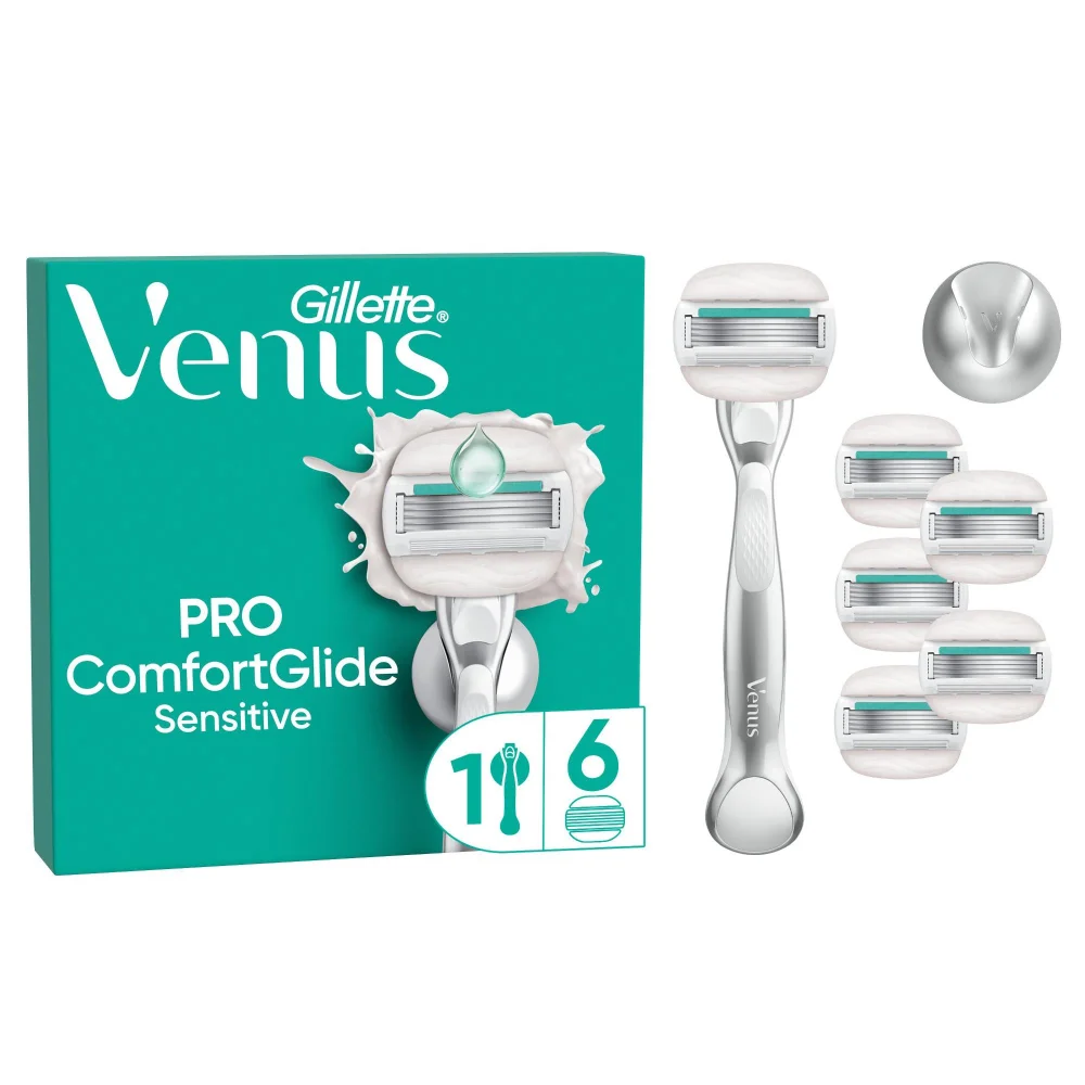 Gillette Venus Pro ComfortGlide Sensitive razor, 1 handle, 6 refills & shower hook.