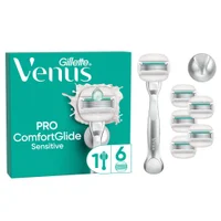 Gillette Venus Pro ComfortGlide Sensitive razor, 1 handle, 6 refills & shower hook.