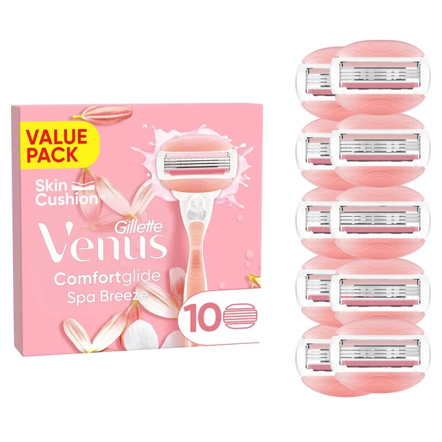 Gillette Venus Comfortglide Spa Breeze razor value pack with 10 refills and Skin Cushion.
