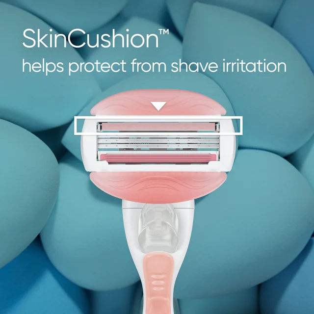 Gillette Venus razor head with SkinCushion™ highlighted, claiming protection from shave irritation.
