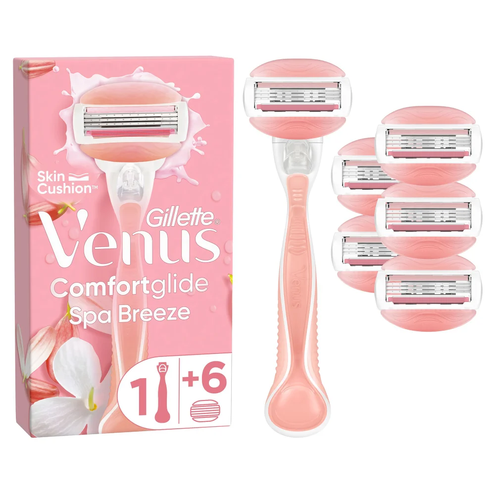Gillette Venus Comfortglide Spa Breeze razor with 1 handle and 6 blade refills.