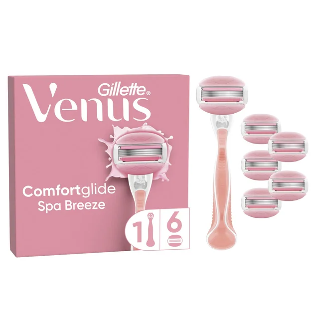 Venus Comfortglide Spa Breeze razor with packaging showing the inclusion of six blade refills.