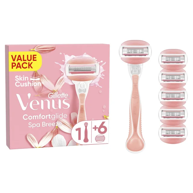 Venus Comfortglide Spa Breeze razor with packaging showing the inclusion of six blade refills.