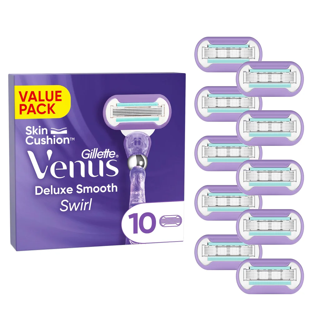 Gillette Venus Deluxe Smooth Swirl razor value pack with 10 Skin Cushion refills.