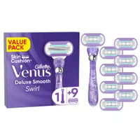 Gillette Venus Deluxe Smooth Swirl razor value pack with 1 handle and 9 blade refills.